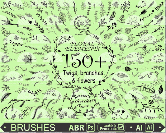 Amazing 150+ floral, twig, branch and leaf doodle brushes for Photoshop (usable in Procreate 5) & Illustrator for your design workflow