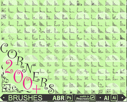 200+ Decorative page corner brushes for Photoshop (usable in Procreate 5) & Illustrator