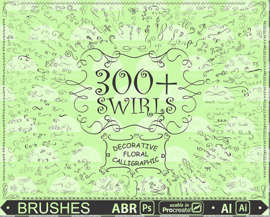 300+ Floral and calligraphic swirl brushes for Photoshop (usable in Procreate 5) & Illustrator