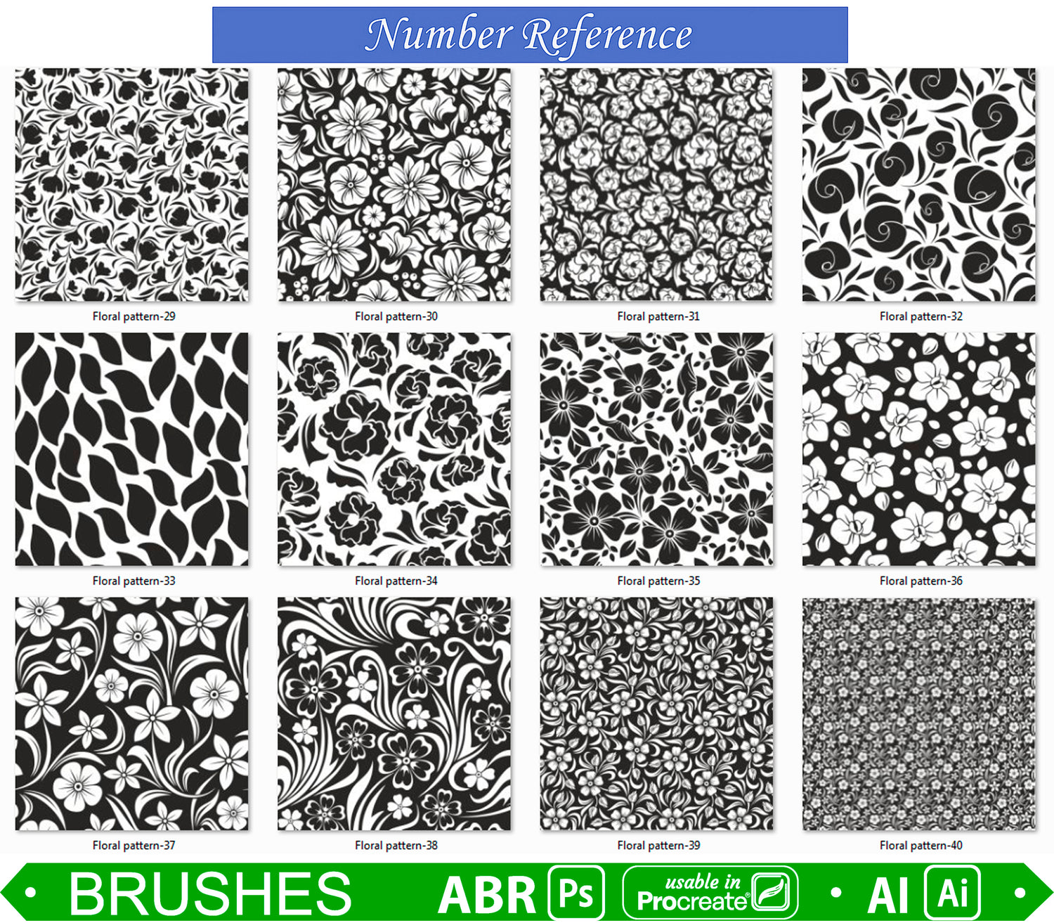 40 Seamless Floral Design Pattern Brushes for Photoshop (usable in Procreate 5) and Illustrator 