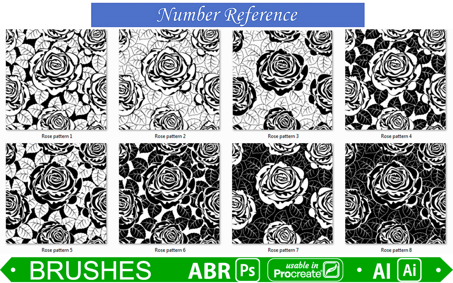 8 Seamless Floral Rose Pattern brushes for Photoshop ( Usable in Procreate 5 ) and Illustrator