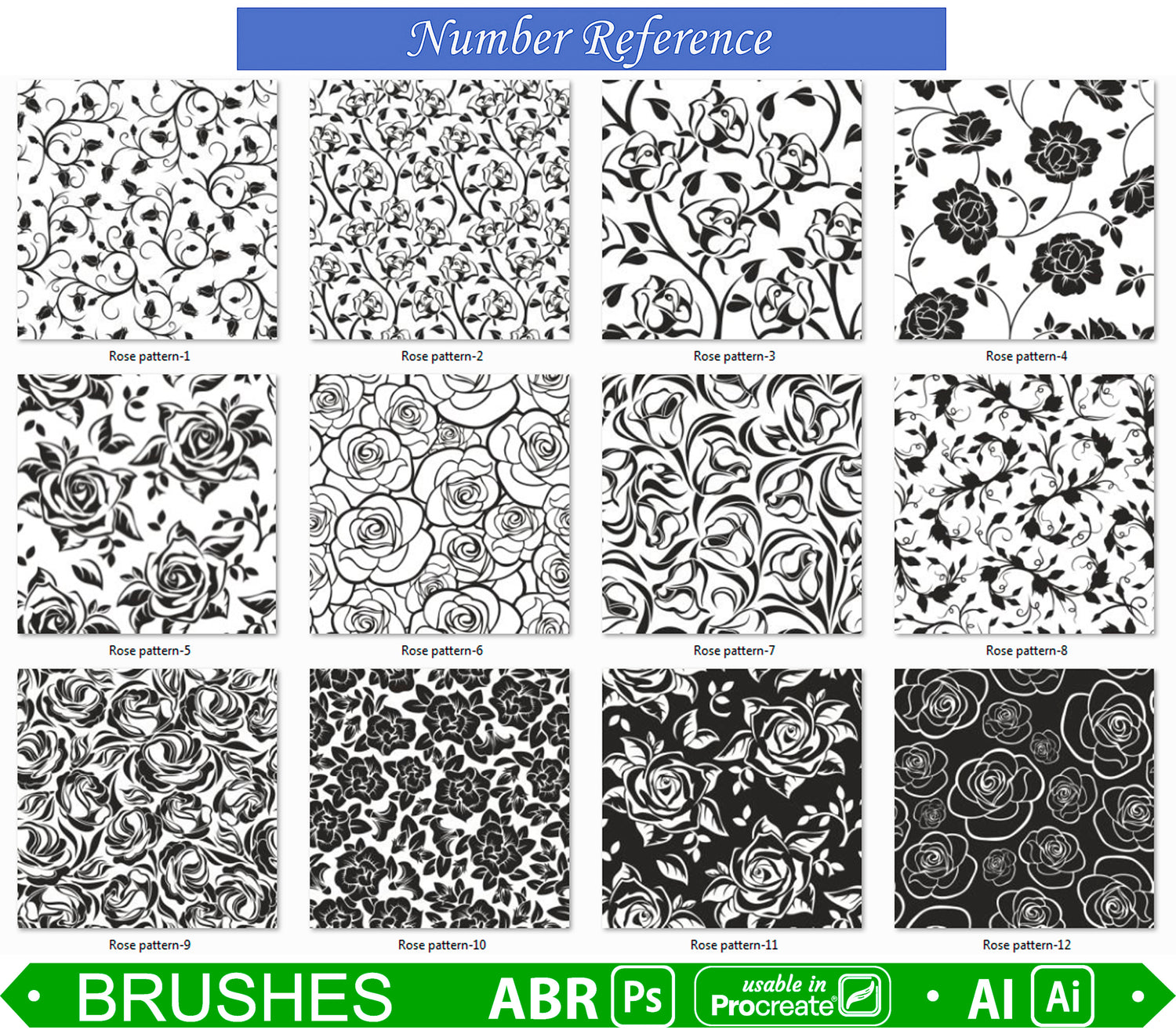12 Seamless Floral Rose Pattern brushes for Photoshop ( Usable in Procreate 5 ) and Illustrator