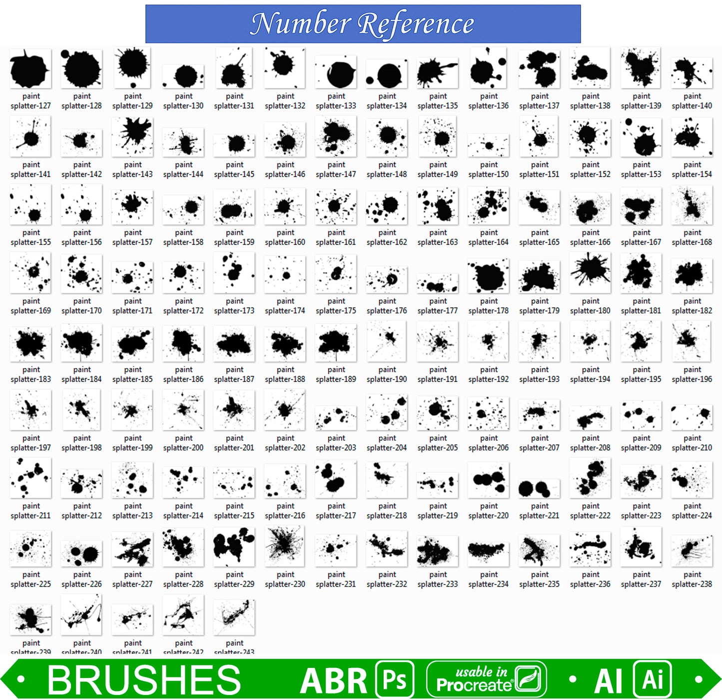 Paint splatter brush stamps for Photoshop ( Usable in Procreate 5 ) and Illustrator